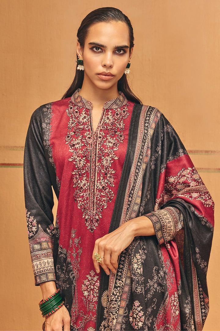 Winter Red Printed Ethnic Motifs Woven Kurta Set