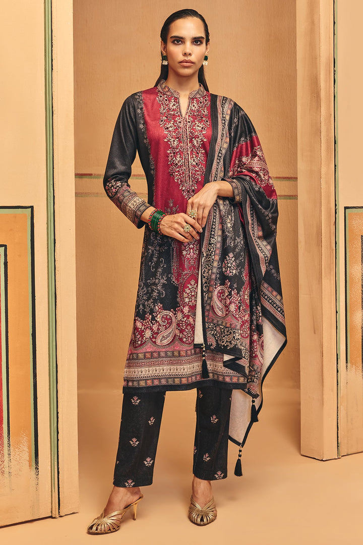 Winter Red Printed Ethnic Motifs Woven Kurta Set