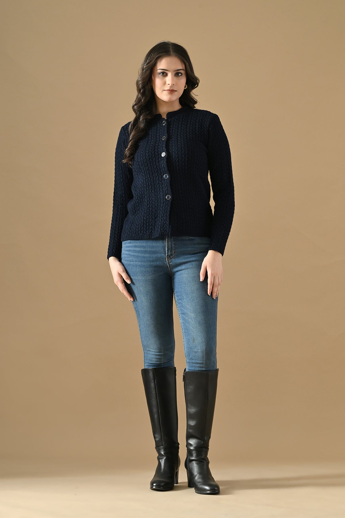 Winter Nevy Blue Knitted Mandarin Collar Cardigan