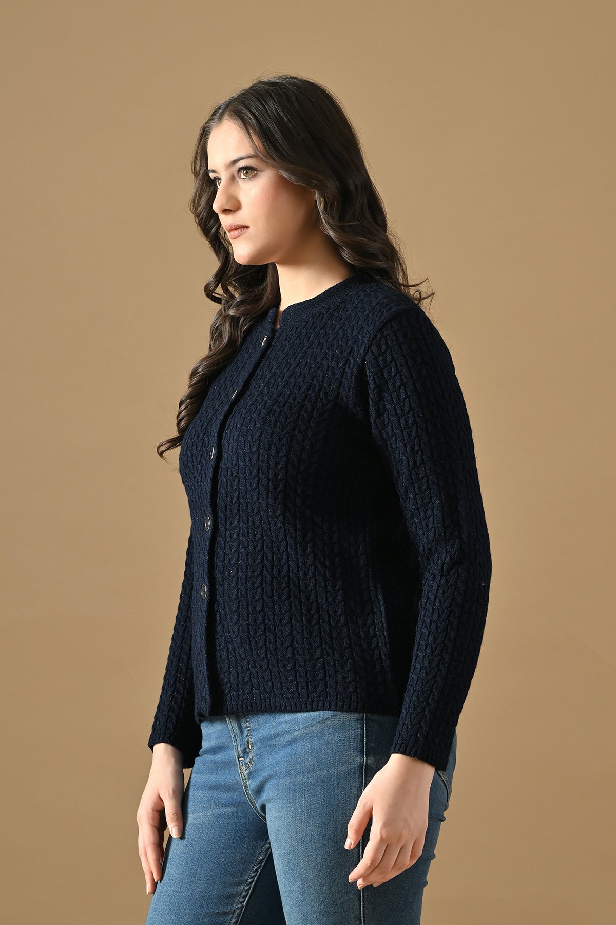 Winter Nevy Blue Knitted Mandarin Collar Cardigan
