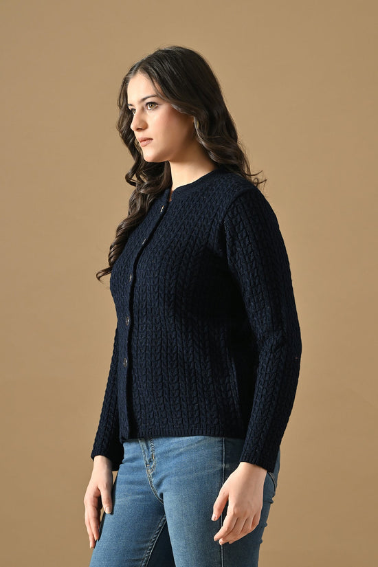 Winter Nevy Blue Knitted Mandarin Collar Cardigan