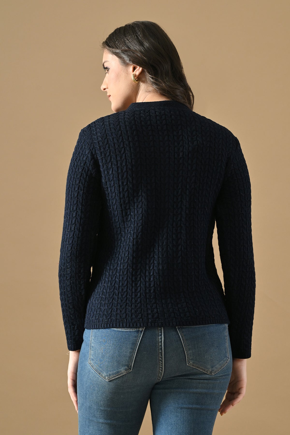 Winter Nevy Blue Knitted Mandarin Collar Cardigan