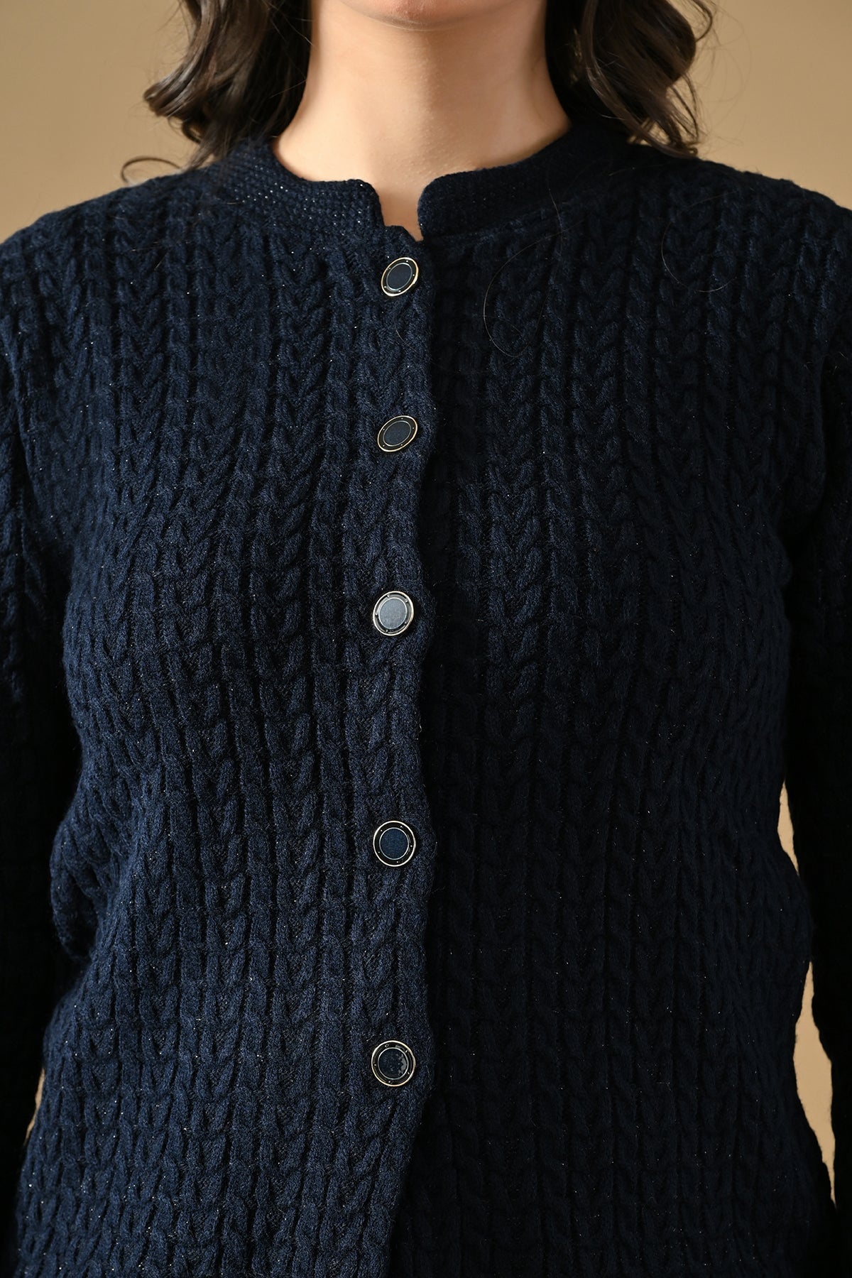 Winter Nevy Blue Knitted Mandarin Collar Cardigan