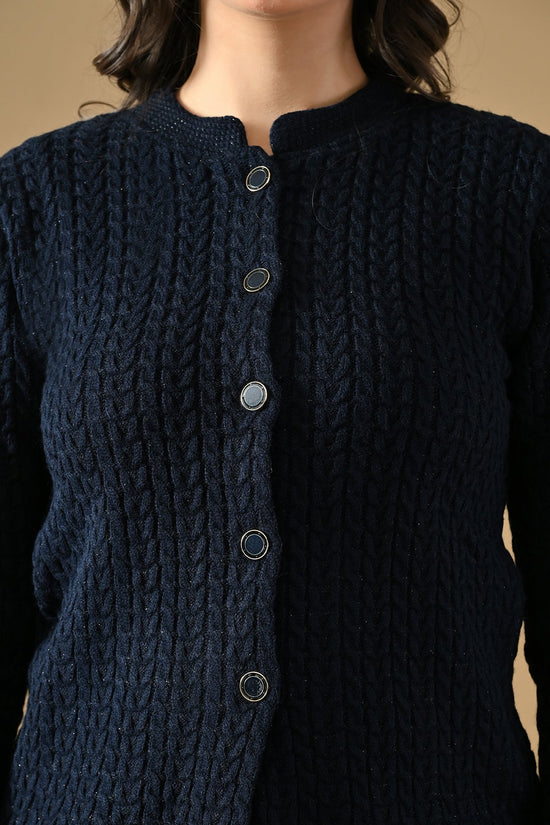 Winter Nevy Blue Knitted Mandarin Collar Cardigan