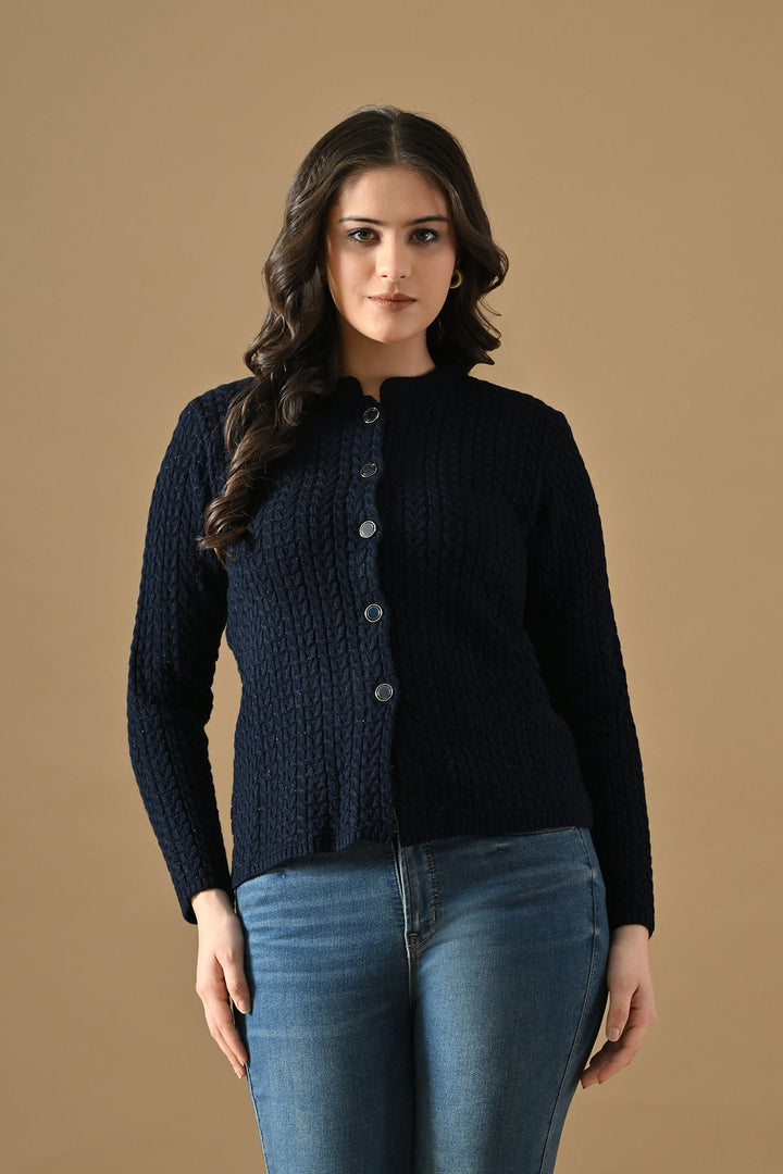 Winter Nevy Blue Knitted Mandarin Collar Cardigan