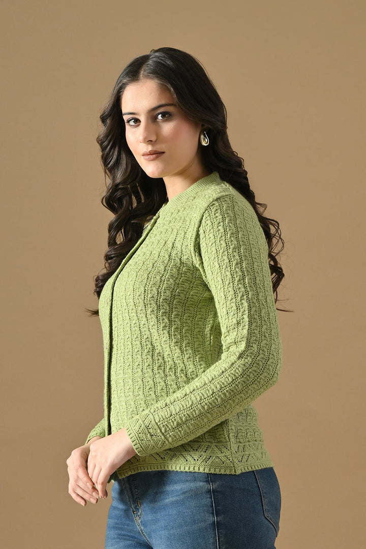 Winter Pista Green Knitted Mandarin Collar Cardigan