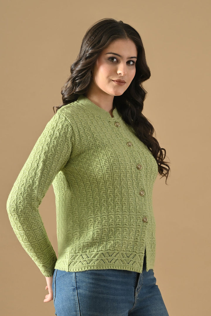 Winter Pista Green Knitted Mandarin Collar Cardigan