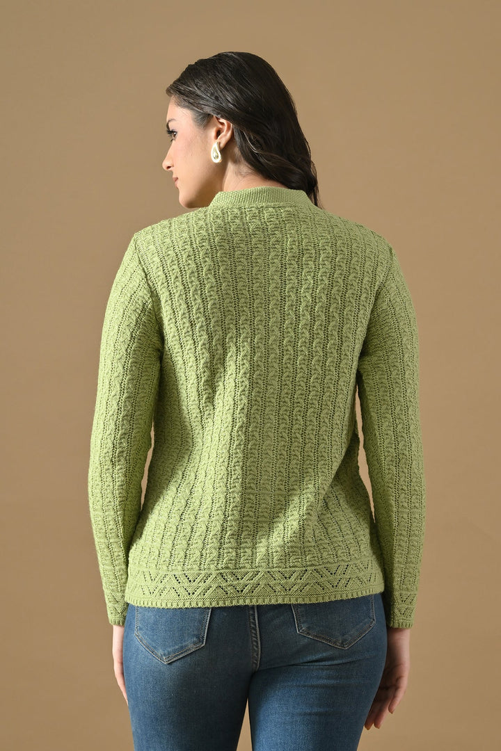 Winter Pista Green Knitted Mandarin Collar Cardigan