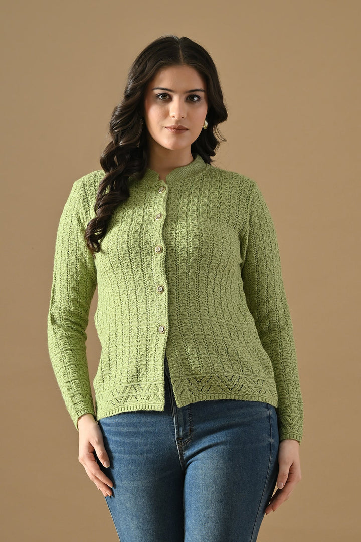 Winter Pista Green Knitted Mandarin Collar Cardigan