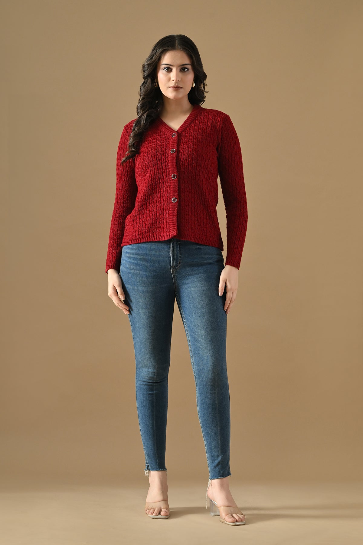 Winter Maroon Knitted V-Neck Cardigan