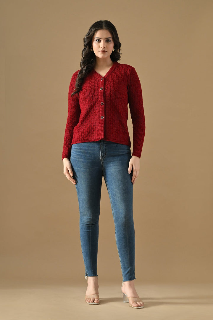 Winter Maroon Knitted V-Neck Cardigan