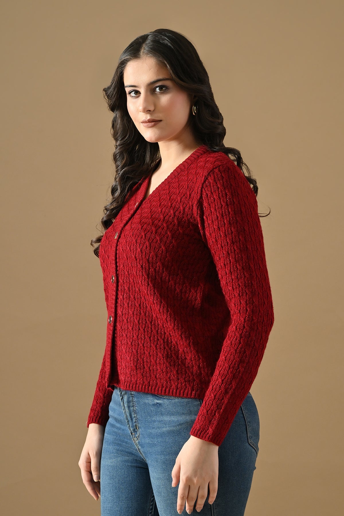 Winter Maroon Knitted V-Neck Cardigan