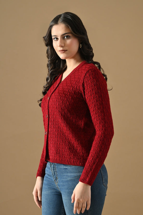 Winter Maroon Knitted V-Neck Cardigan