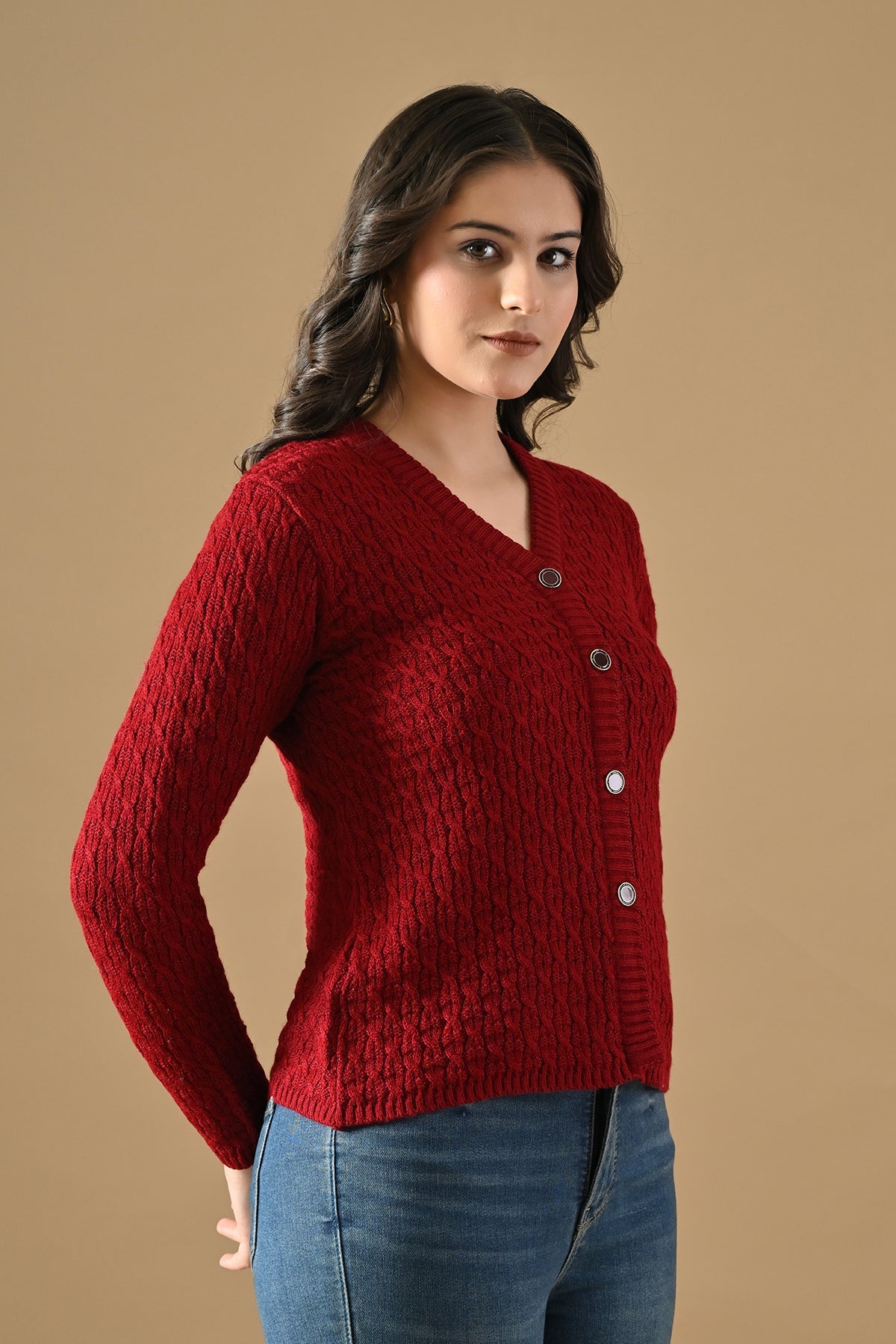 Winter Maroon Knitted V-Neck Cardigan