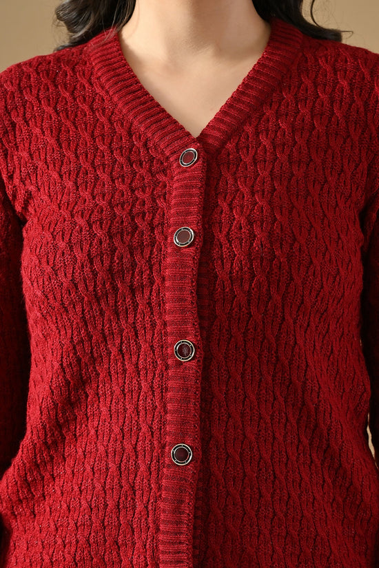 Winter Maroon Knitted V-Neck Cardigan