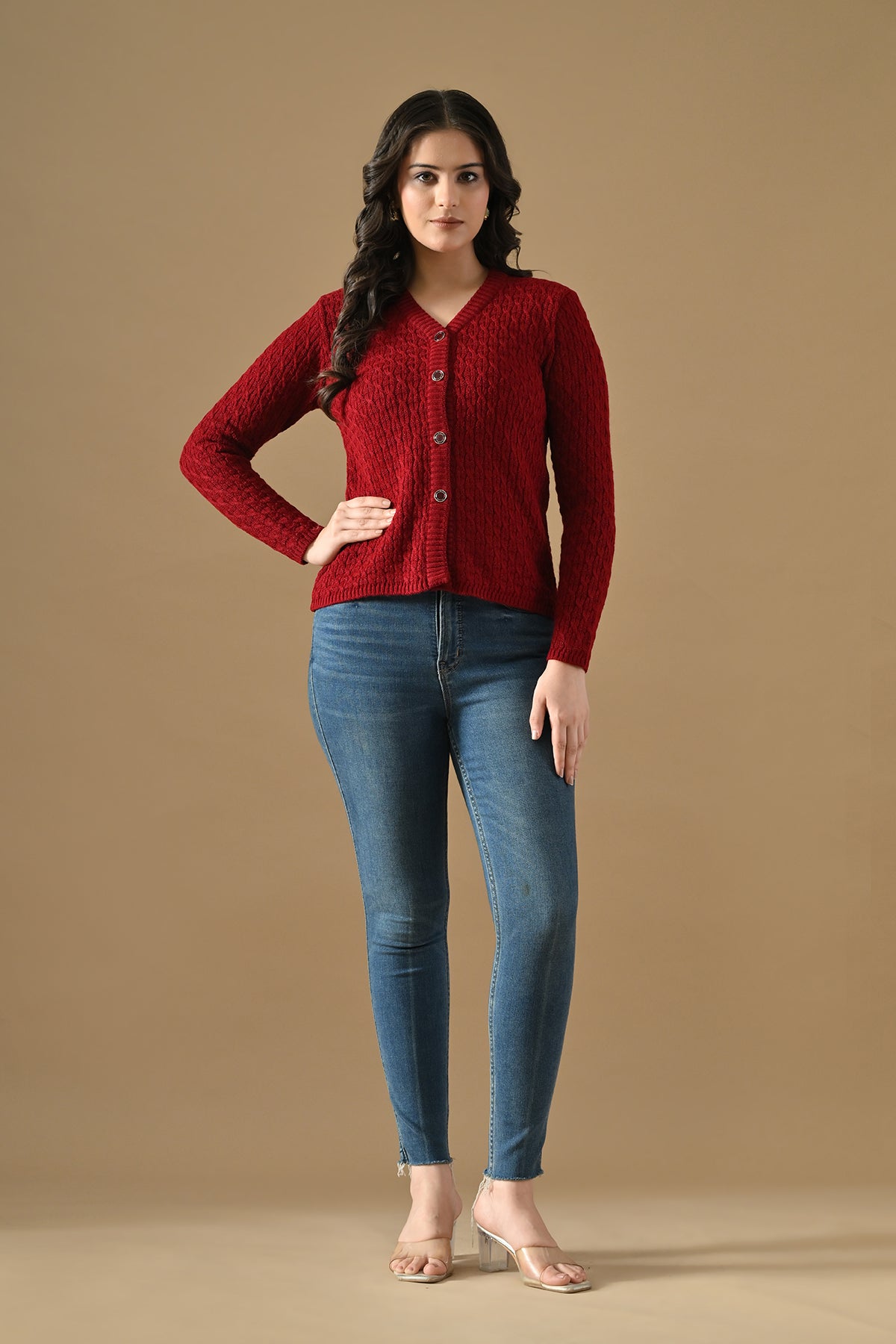 Winter Maroon Knitted V-Neck Cardigan