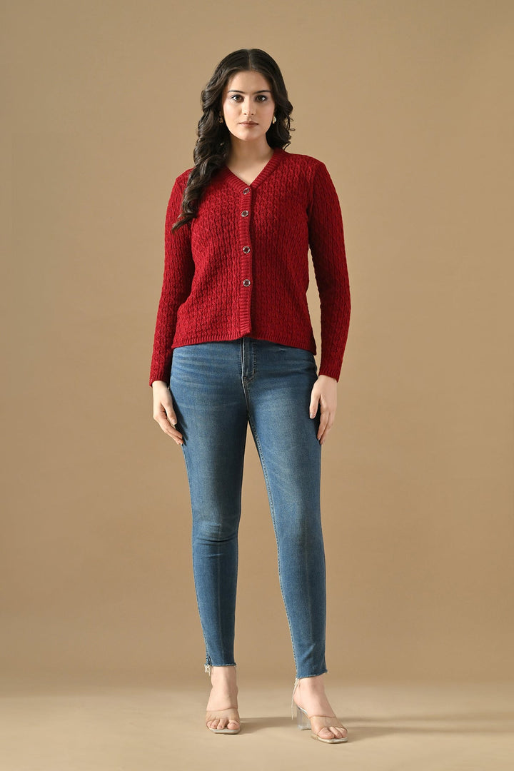 Winter Maroon Knitted V-Neck Cardigan