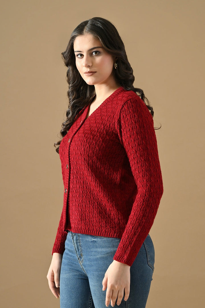 Winter Maroon Knitted V-Neck Cardigan
