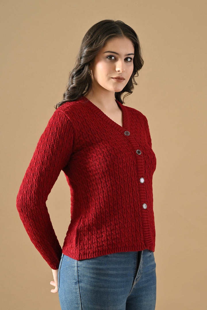 Winter Maroon Knitted V-Neck Cardigan