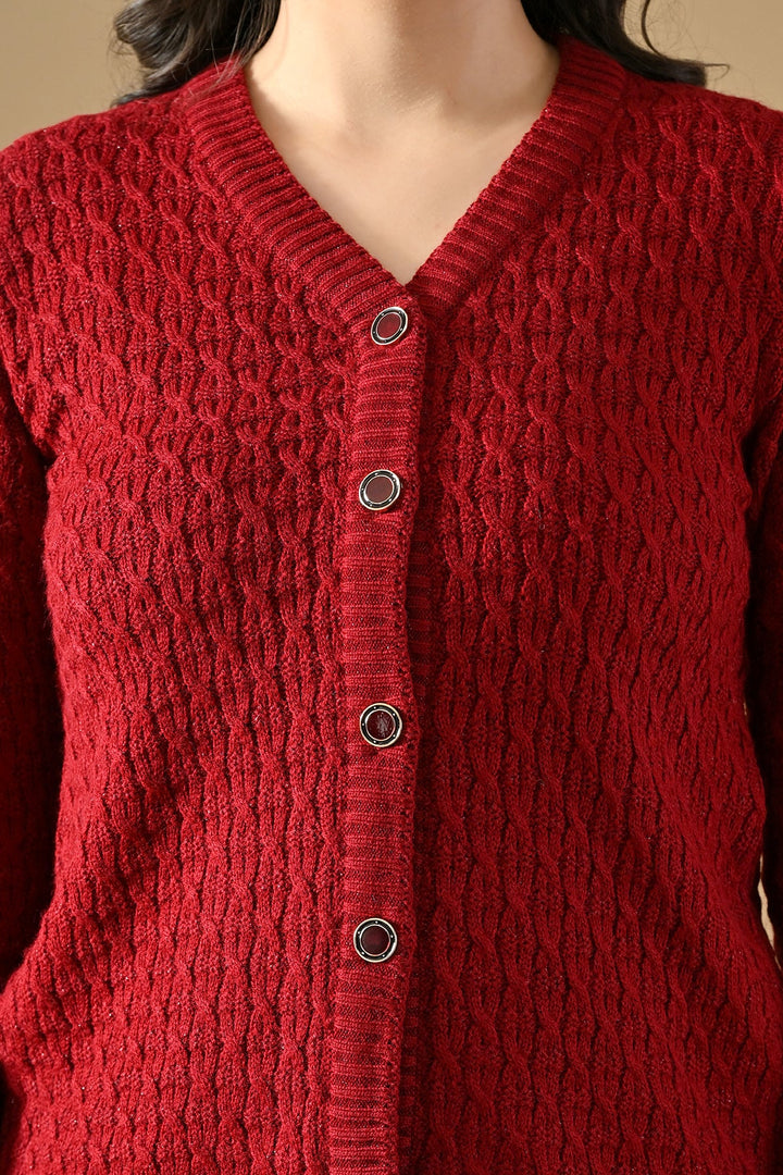 Winter Maroon Knitted V-Neck Cardigan