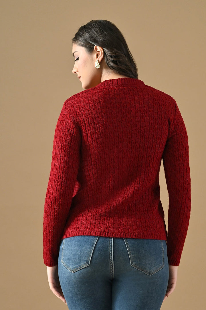 Winter Maroon Knitted V-Neck Cardigan