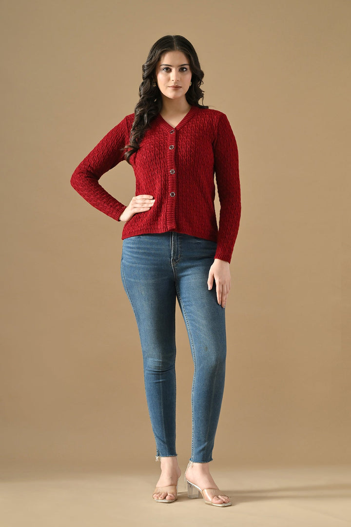 Winter Maroon Knitted V-Neck Cardigan
