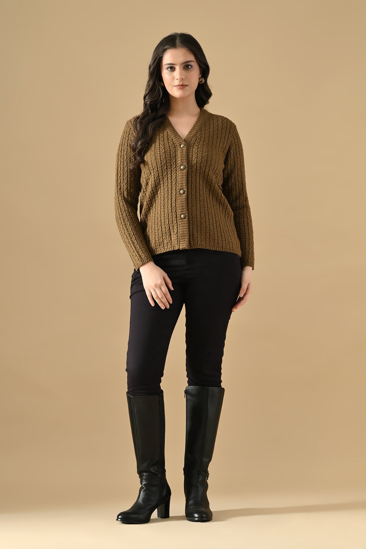 Winter Brown Knitted V-Neck Cardigan