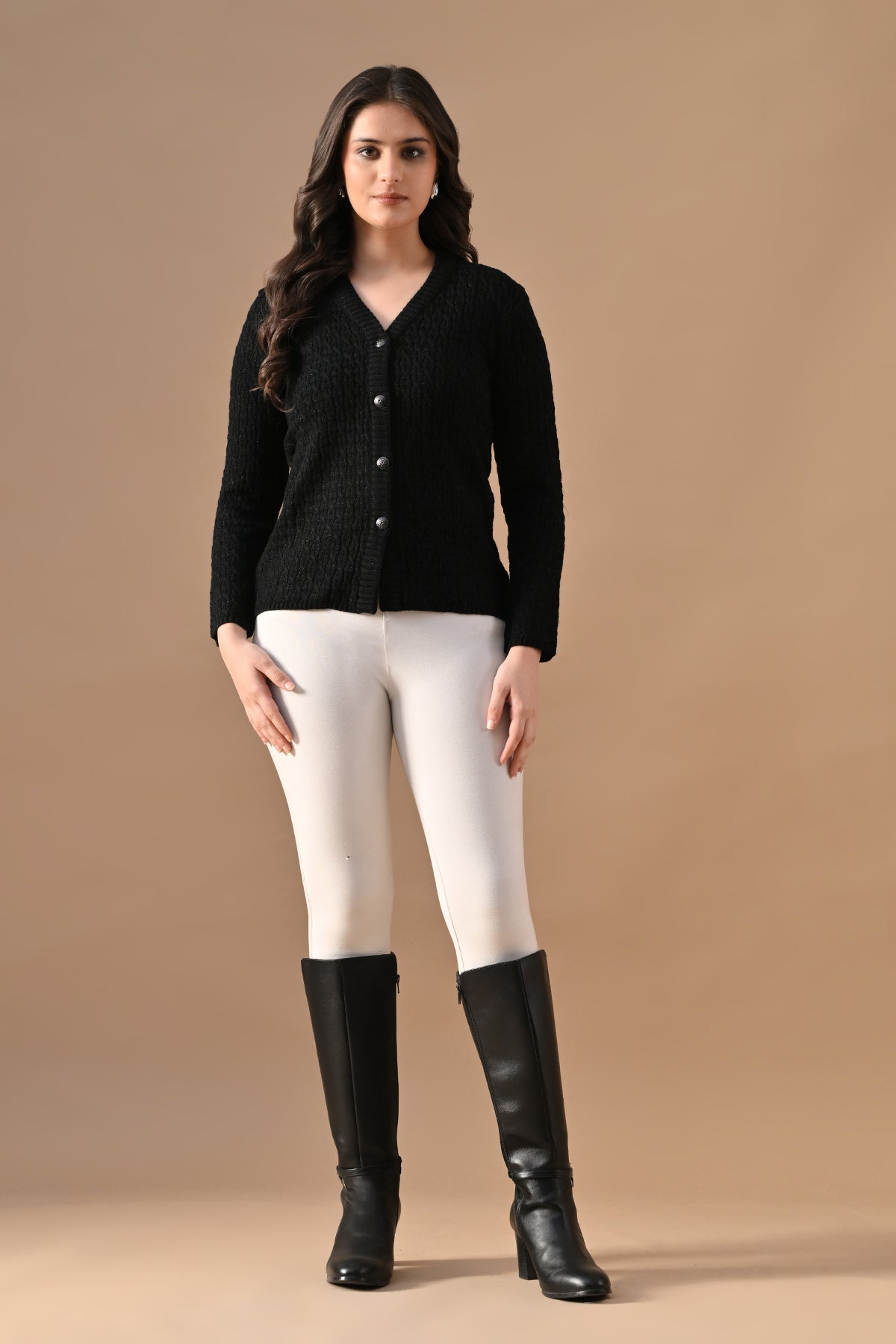 Winter Black Knitted V-Neck Cardigan
