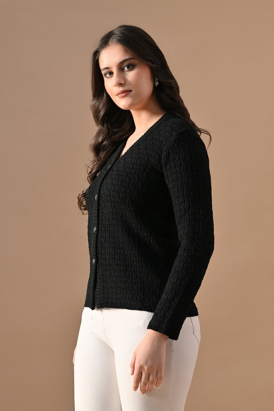 Winter Black Knitted V-Neck Cardigan