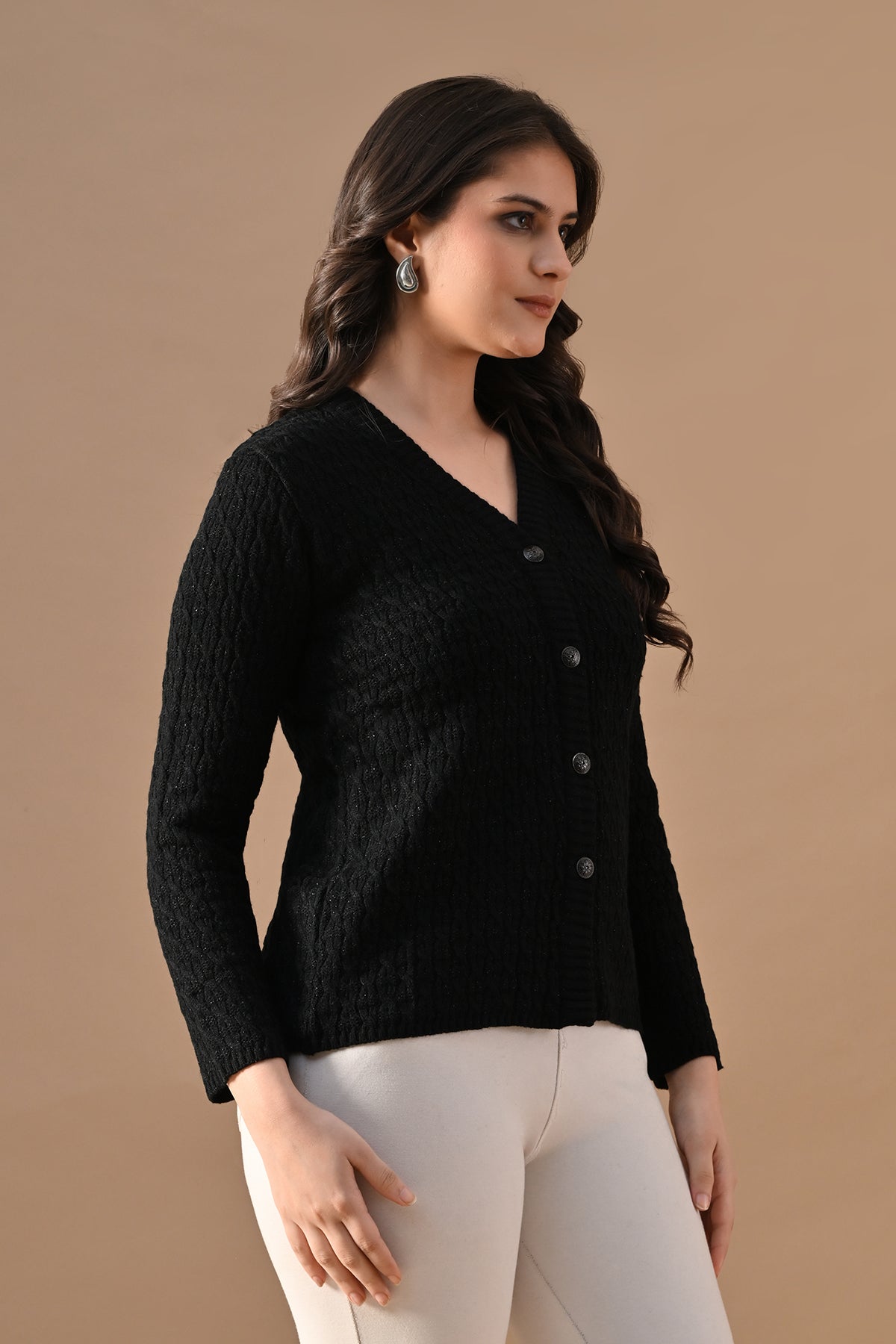 Winter Black Knitted V-Neck Cardigan