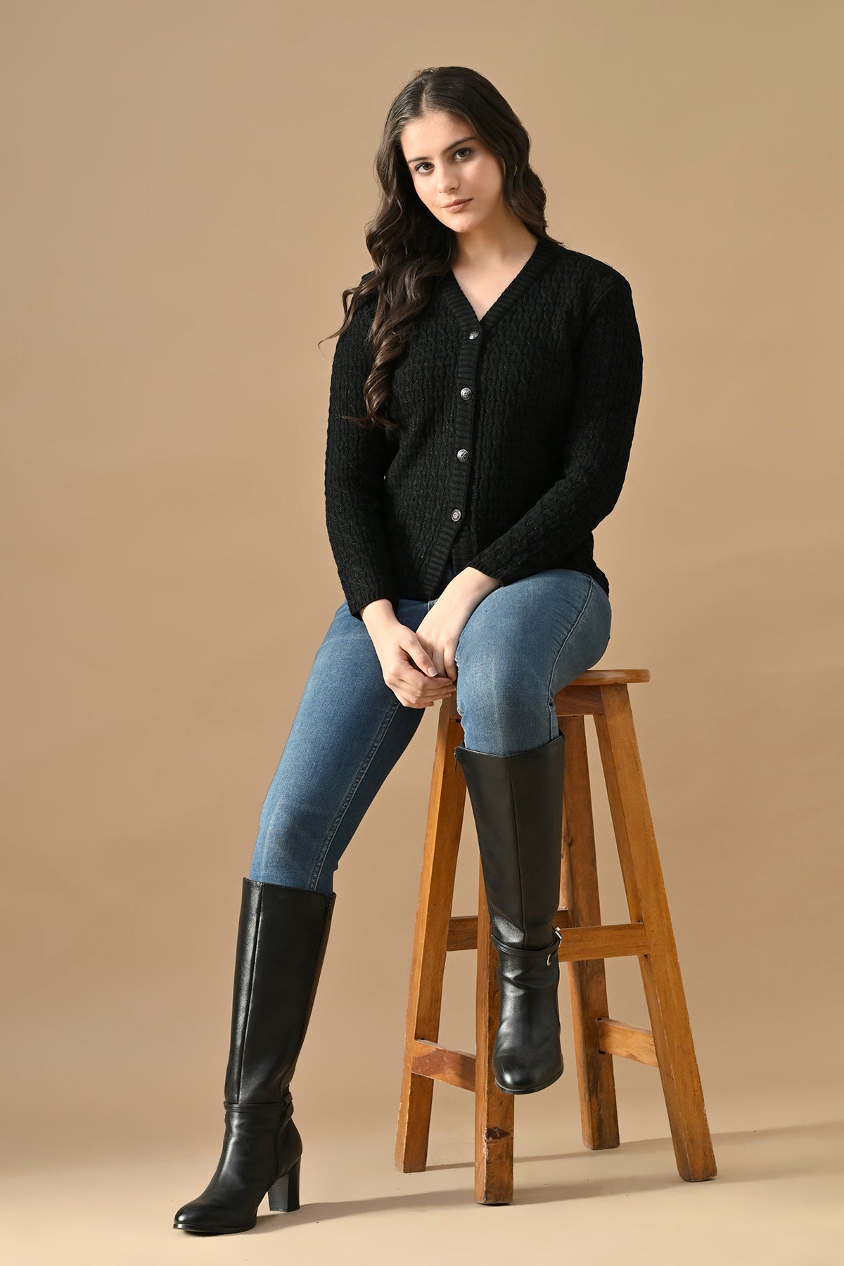 Winter Black Knitted V-Neck Cardigan