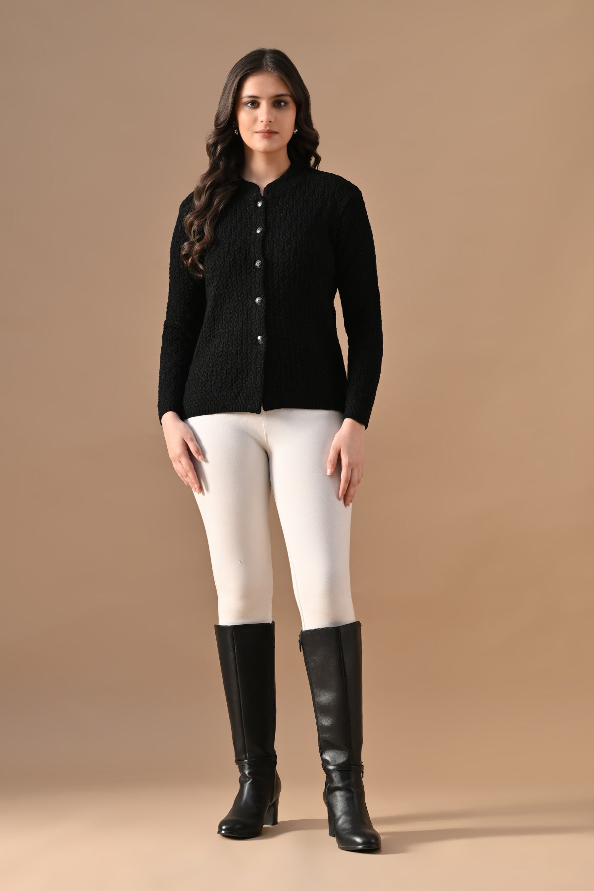 Winter Black Knitted Mandarin Collar Cardigan
