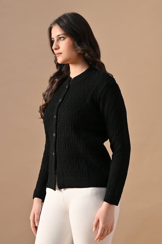 Winter Black Knitted Mandarin Collar Cardigan