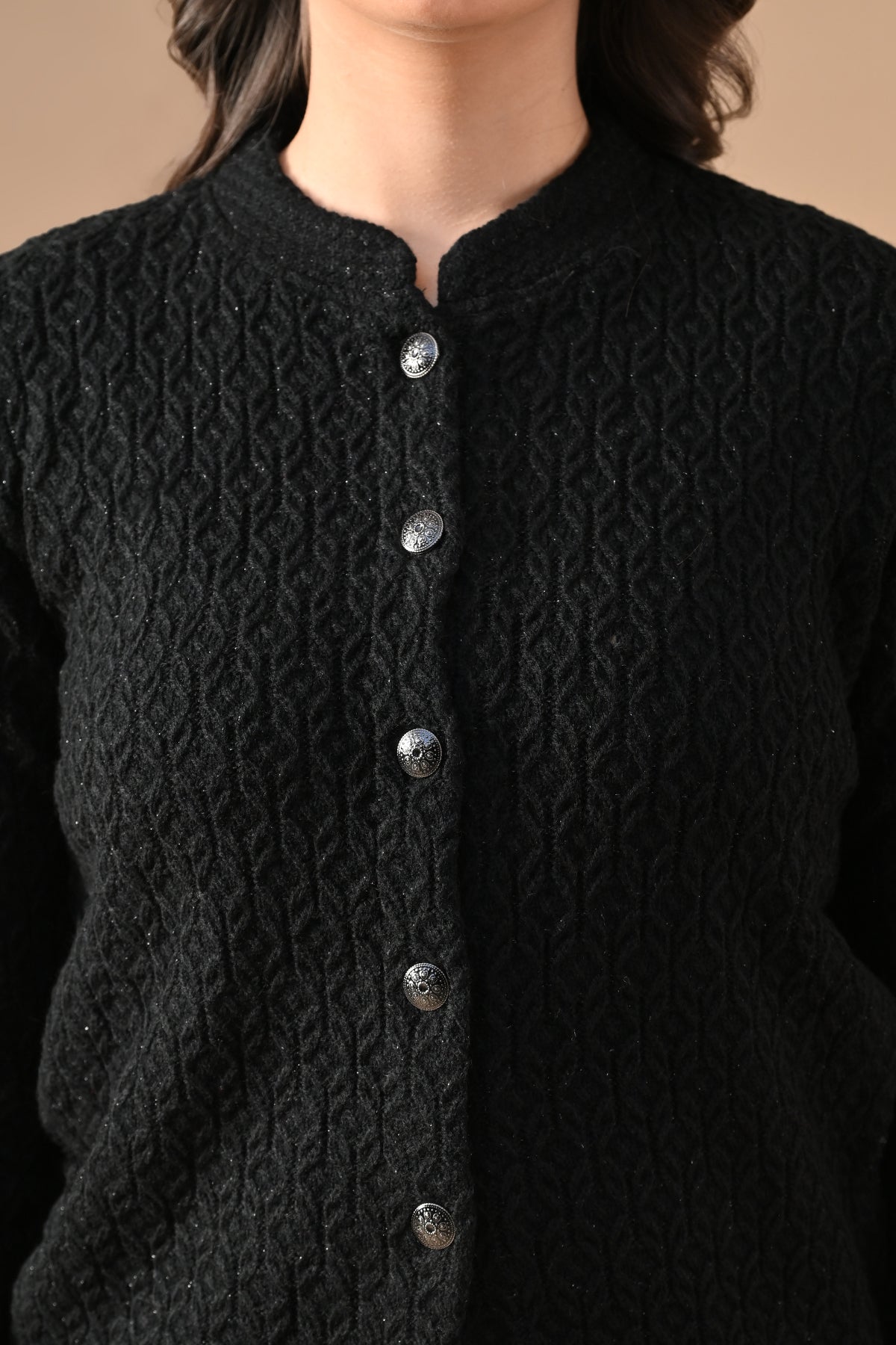 Winter Black Knitted Mandarin Collar Cardigan