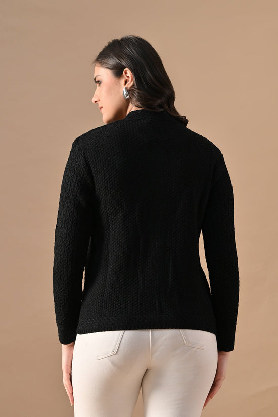 Winter Black Knitted Mandarin Collar Cardigan