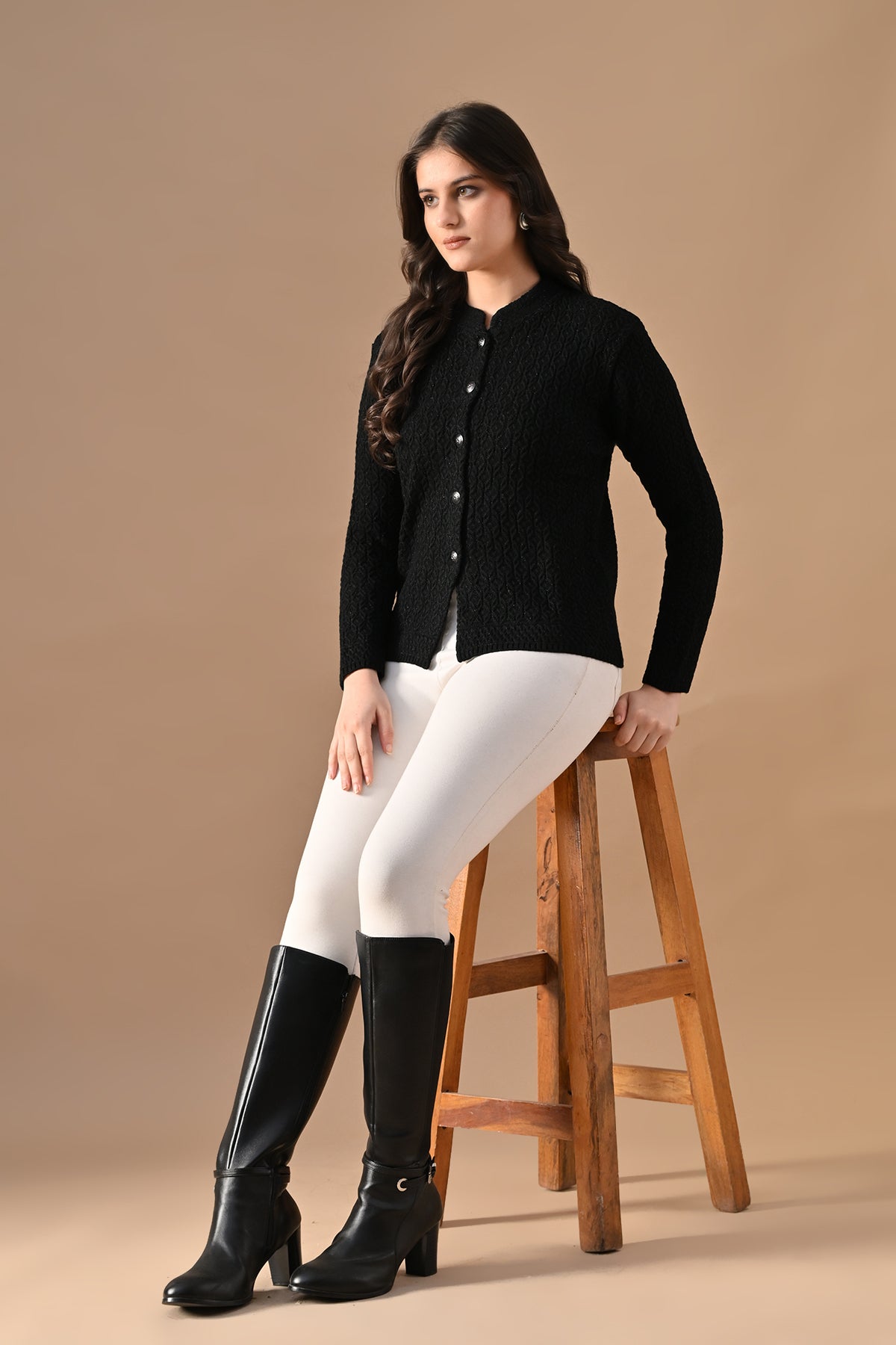 Winter Black Knitted Mandarin Collar Cardigan