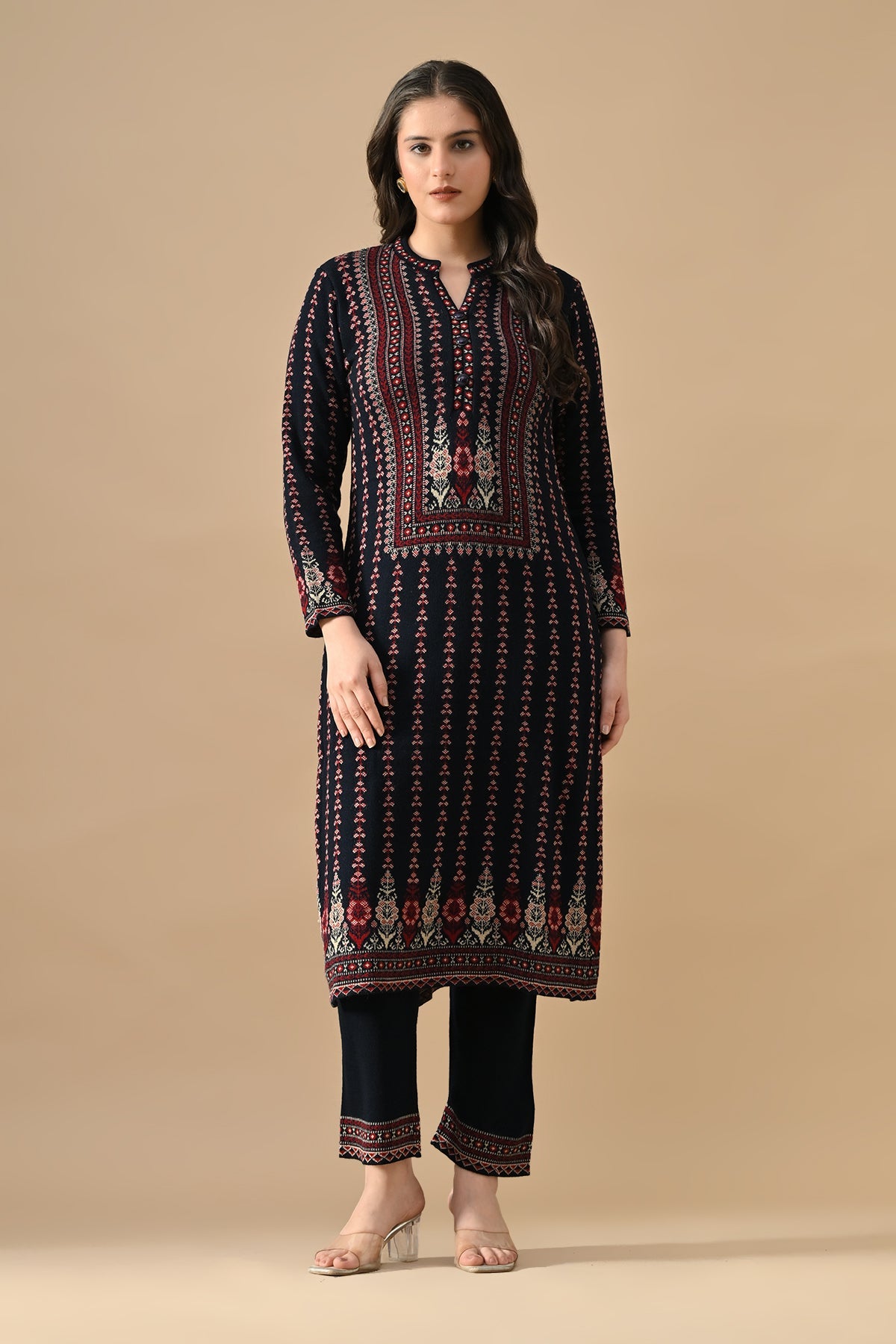 Winter Blue Printed Ethnic Motifs Woven Kurta 3 Pcs Set