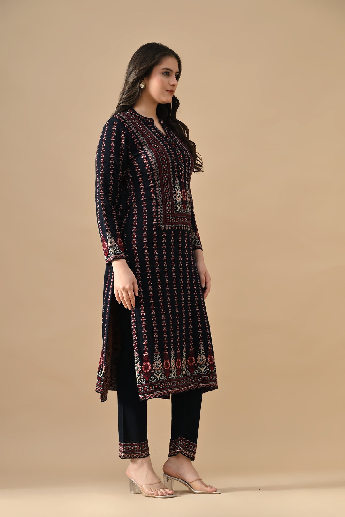 Winter Blue Printed Ethnic Motifs Woven Kurta 3 Pcs Set