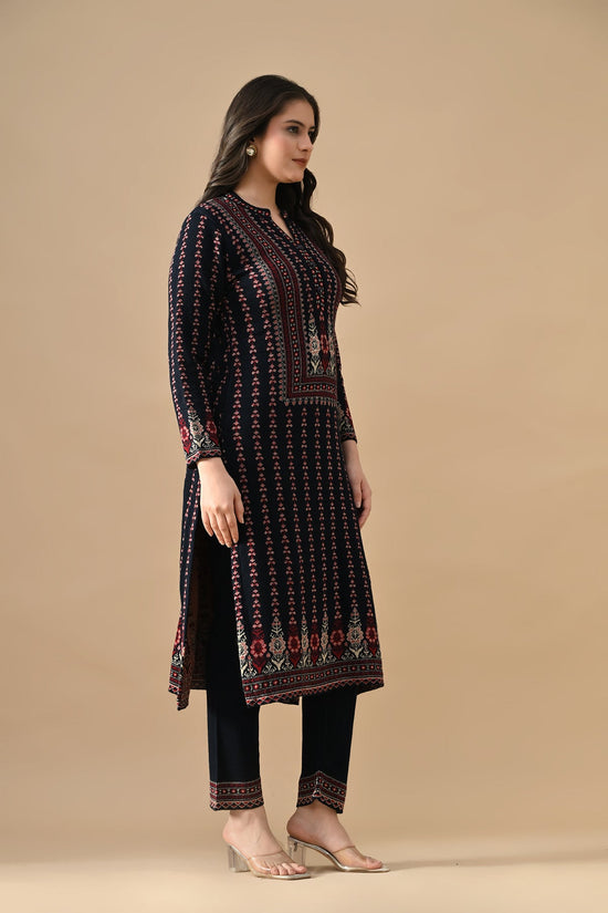 Winter Blue Printed Ethnic Motifs Woven Kurta 3 Pcs Set