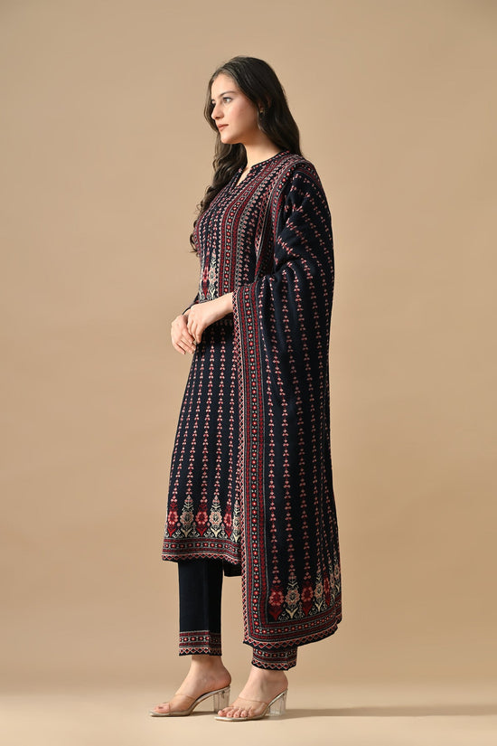 Winter Blue Printed Ethnic Motifs Woven Kurta 3 Pcs Set