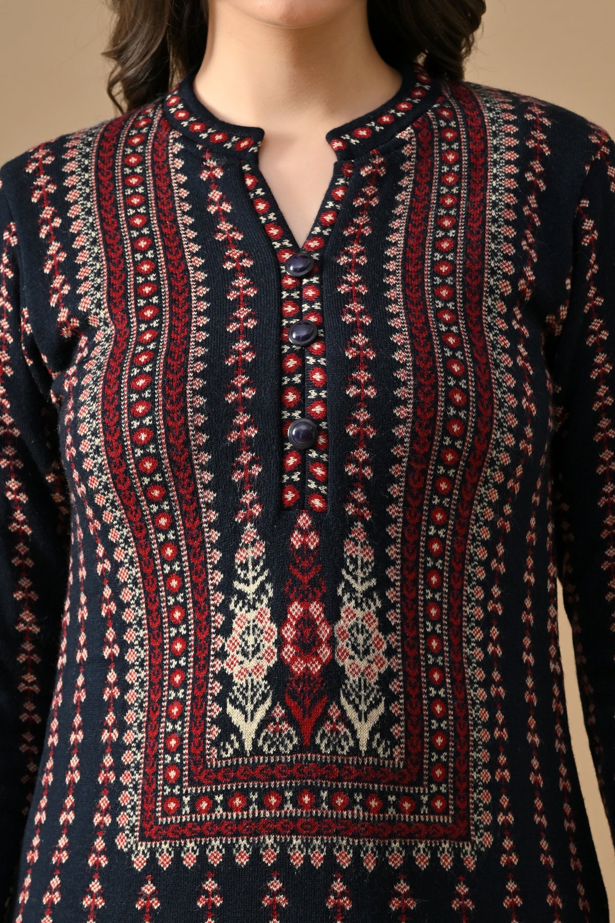 Winter Blue Printed Ethnic Motifs Woven Kurta 3 Pcs Set