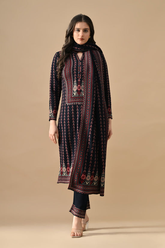 Winter Blue Printed Ethnic Motifs Woven Kurta 3 Pcs Set