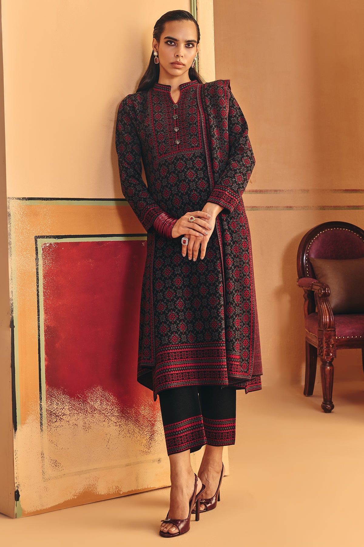 Winter Black Printed Ethnic Motifs Woven Kurta Set