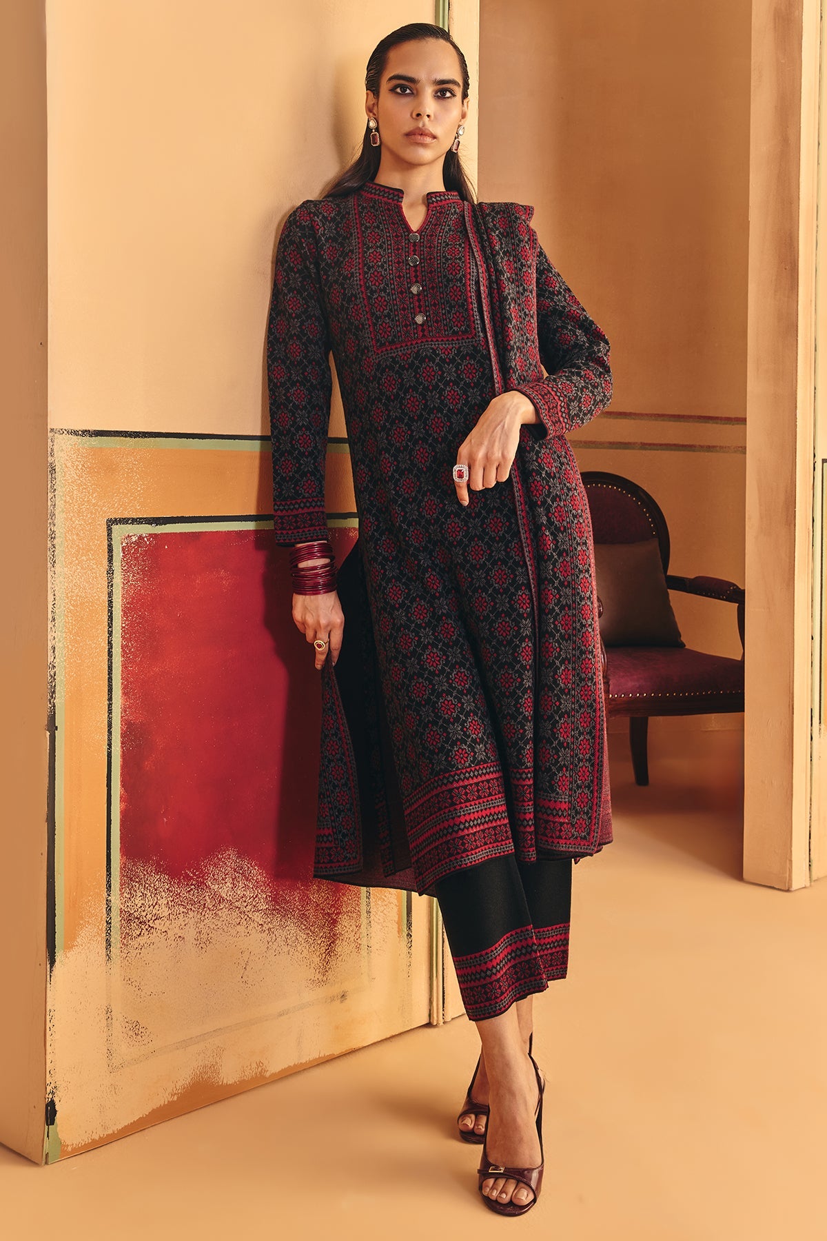 Winter Black Printed Ethnic Motifs Woven Kurta Set