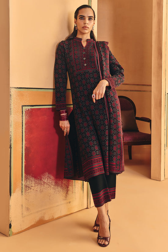 Winter Black Printed Ethnic Motifs Woven Kurta Set