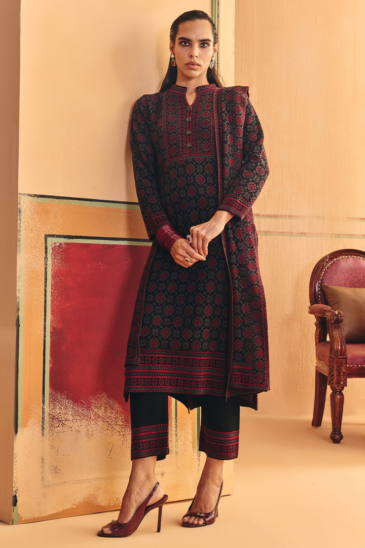 Winter Black Printed Ethnic Motifs Woven Kurta Set