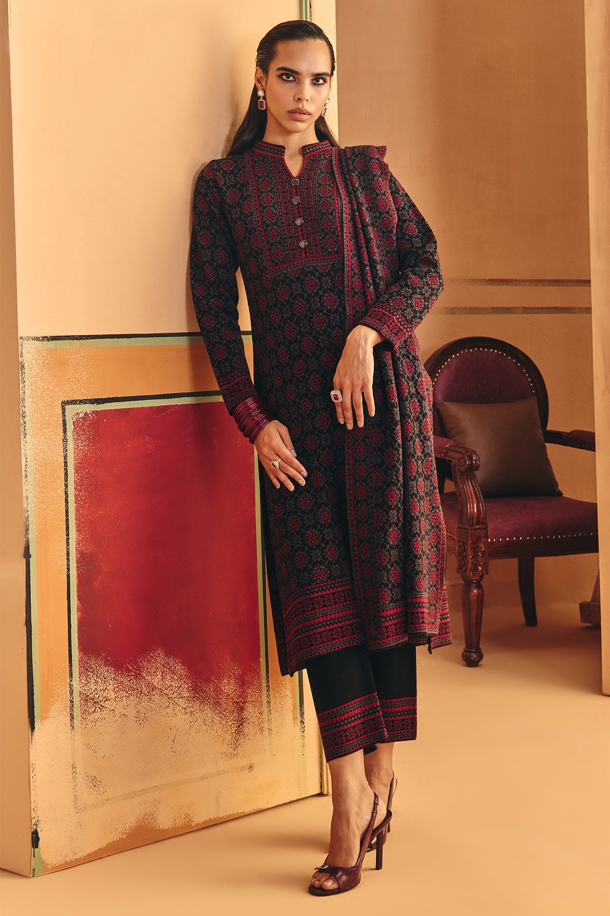 Winter Black Printed Ethnic Motifs Woven Kurta Set