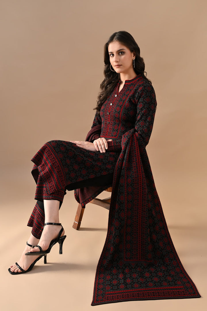 Winter Black Printed Ethnic Motifs Woven Kurta Set