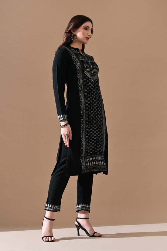 Winter Black Printed Ethnic Motifs Woven Kurta 3 Pcs Set