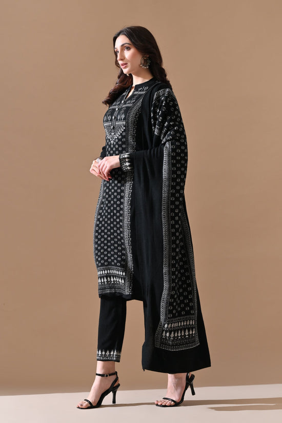 Winter Black Printed Ethnic Motifs Woven Kurta 3 Pcs Set